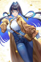  bag between_breasts black_hair blue_eyes blue_hair blue_nails blunt_bangs breasts closed_mouth coat colored_inner_hair cowboy_shot denim female from_below ginkgo_leaf glasses hair_intakes handbag hanh_chu high-waist_pants highres hololive hololive_english jeans large_breasts leaf long_sleeves looking_at_viewer multicolored_hair official_alternate_costume ouro_kronii ouro_kronii_(casual) pants shirt_tucked_in smile solo strap_between_breasts tented_shirt torn_clothes torn_pants trench_coat turtleneck two-tone_hair virtual_youtuber 