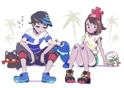  1boy arm_support baseball_cap beanie black_headwear blue_footwear brown_eyes brown_hair capri_pants closed_mouth commentary cosplay elio_(pokemon) elio_(pokemon)_(cosplay) eyelashes female floral_print gloria_(pokemon) green_shorts hat highres hot litten mikanbako_(aitatadon3) palm_tree pants pokemon pokemon_(creature) pokemon_sm pokemon_swsh popplio red_headwear rowlet selene_(pokemon) selene_(pokemon)_(cosplay) shirt shoes short_hair short_shorts short_sleeves shorts sitting smile starter_pokemon_trio striped_clothes striped_shirt sweat t-shirt tied_shirt tree victor_(pokemon) 