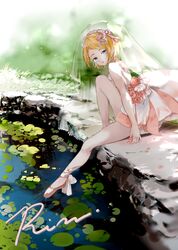  back_cutout bad_id bad_pixiv_id ballerina ballet ballet_slippers blonde_hair blue_eyes blurry blurry_background breasts bridal_veil character_name clothing_cutout dress_flower female flower footwear_ribbon grass hair_flower hair_ornament highres holding holding_flower kagamine_rin knees_up lily_pad looking_at_viewer miniskirt open_mouth oyamada_gamata pale_skin pantyhose petals pink_skirt pond rock short_hair sitting skirt small_breasts smile solo sparkle swept_bangs tutu veil vocaloid water 