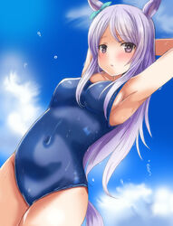  animal_ears armpits arms_behind_head arms_up bare_arms bare_shoulders blue_one-piece_swimsuit blue_sky blush breasts cloud collarbone commentary_request covered_navel cowboy_shot day dutch_angle female horse_ears horse_girl horse_tail long_hair looking_at_viewer medium_breasts mejiro_mcqueen_(umamusume) one-piece_swimsuit oshiruko_(uminekotei) outdoors parted_bangs parted_lips purple_eyes purple_hair school_swimsuit sky solo swimsuit tail umamusume 