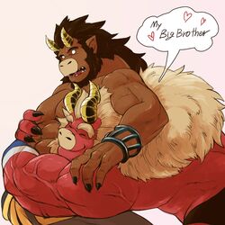  2boys abs bara beard biceps black_nails blank_eyes body_fur brothers clothes_around_waist colored_skin curled_horns dark-skinned_male dark_skin demon_boy demon_horns english_text facial_hair fewer_digits from_side furry furry_male gardie_(otsukimi) happy highres horns hug hug_from_behind huge_eyebrows infel_(otsukimi) jewelry large_hands large_pectorals lion_hair long_hair male_focus mature_male multiple_boys muscular muscular_male necklace nipples original otsukimi pectorals red_skin siblings surprise_hug thick_eyebrows topless_male 