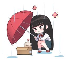  anger_vein angry animal black_eyes black_hair blank_eyes blue_skirt blunt_bangs blush bow bowtie box brown_footwear buttoned_cuffs buttons canine cardboard_box chibi closed_mouth collared_shirt commentary female flower full_body green_skirt grey_eyes holding holding_umbrella ine_(ineinnen) kimi_ni_todoke kuronuma_sawako labrador_retriever long_hair long_sleeves looking_at_animal looking_at_another loose_bowtie pink_flower pleated_skirt puddle puppy rain red_bow red_bowtie red_umbrella school_uniform shirt shoes simple_background skirt smile socks solo squatting straight_hair tsurime umbrella very_long_hair water white_background white_shirt white_socks 