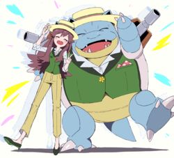  :d absurdres blastoise blastoise_(fashionable) blastoise_(fashionable)_(cosplay) blush brown_hair closed_eyes clothed_pokemon collared_shirt cosplay eyelashes facing_viewer female green_footwear green_vest hair_flaps hat high_heels highres leaf_(pokemon) long_hair matching_outfits mikanbako_(aitatadon3) open_mouth pants pokemon pokemon_(creature) pokemon_frlg pokemon_unite shirt sidelocks sleeves_rolled_up smile standing teeth upper_teeth_only vest w white_shirt yellow_headwear yellow_pants 