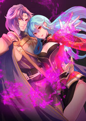  1boy alternate_costume aqua_hair breasts capelet circlet cleavage cleavage_cutout cloak clothing_cutout commentary_request corruption dark_persona earrings eirika_(fire_emblem) female fire_emblem fire_emblem:_the_sacred_stones fire_emblem_heroes fomortiis_(fire_emblem) hair_between_eyes highres jewelry long_sleeves looking_at_viewer lyon_(fire_emblem) magic outstretched_arm partial_commentary possessed purple_hair red_eyes riou_(pooh920) side_slit sidelocks skirt white_skirt 