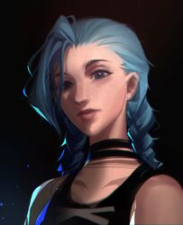  arcane:_league_of_legends arcane_jinx asymmetrical_bangs bare_shoulders black_background black_choker black_shirt blue_hair braid choker closed_mouth collarbone female freckles green_eyes highres jinx_(league_of_legends) league_of_legends long_hair looking_at_viewer shirt sleeveless solo tattoo twin_braids upper_body vincent_t_(oriaarts) 