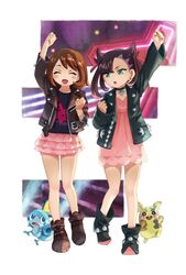  2girls alternate_costume asymmetrical_bangs asymmetrical_hair black_choker black_hair black_jacket black_nails boots brown_hair character_print choker closed_eyes commentary_request dress gloria_(pokemon) green_eyes highres jacket marnie_(pokemon) medium_hair morpeko morpeko_(full) multiple_girls open_mouth pikachu pink_dress pokemon pokemon_(creature) pokemon_swsh short_hair skirt smile sobble temk twintails 