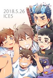  5boys :d aged_down arm_on_another&#039;s_shoulder blush brown_hair creature dated devil_(housamo) fiery_horns gakuran glasses hair_slicked_back highres horns lolicon male_focus male_harem motoori_shiro multiple_boys protagonist_4_(housamo) sakimori_toji school_uniform short_hair sideburns smile sweatdrop sword takabushi_kengo thick_eyebrows tokyo_afterschool_summoners weapon yakushimaru_ryota yaoi zaoanjisi 