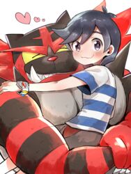  1boy antenna_hair black_hair blush bracelet closed_eyes closed_mouth commentary_request elio_(pokemon) grey_eyes heart highres hug incineroar jewelry looking_at_viewer male_focus medium_hair mikanbako_(aitatadon3) pants pokemon pokemon_(creature) pokemon_sm shirt short_sleeves simple_background smile striped_clothes striped_shirt swept_bangs t-shirt wavy_mouth white_background z-ring 