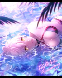  bangs banned_artist bikini fate/grand_order fate_(series) female highres jeanne_d&#039;arc_(alter)_(fate) jeanne_d&#039;arc_(alter_swimsuit_berserker)_(fate) jeanne_d&#039;arc_(fate) looking_at_viewer lying open_mouth orii_(orii_i) pool reflection short_hair silver_hair smile solo swimsuit water yellow_eyes 