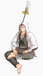  1boy absurdres bad_id bad_pixiv_id bara barefoot chest_hair closed_mouth cross_scar crossed_legs facial_hair full_body goatee green_kimono highres holding holding_polearm holding_weapon hood hood_up hooded_jacket houzouin_oniwaka jacket japanese_clothes kimono light_blush long_sleeves male_focus mature_male monk muscular muscular_male open_clothes open_jacket over_shoulder pectoral_cleavage pectorals polearm scar scar_on_face scar_on_forehead short_hair sideburns simple_background sitting solo thick_eyebrows tokyo_afterschool_summoners weapon weapon_over_shoulder white_background zaoanjisi 