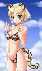  animal_ears animal_print aqua_eyes bare_arms bare_shoulders bikini blonde_hair blue_sky breasts byakko_(nijiura_maids) cleavage cloud collarbone commentary cowboy_shot day facial_mark female futaba_channel grin hands_up highleg highleg_bikini highres kuma_(kumahoihoi) looking_at_viewer navel nijiura_maids oerba_yun_fang outdoors outline parted_bangs print_bikini pulling_own_clothes short_hair sky small_breasts smile solo standing strap_pull striped_tail swimsuit tail thighs tiger_ears tiger_girl tiger_print tiger_tail whisker_markings white_outline 