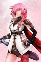  &eacute;clair_farron female final_fantasy final_fantasy_xiii fingerless_gloves gloves hand_on_hip long_hair pink_hair skirt solo sword tomoyohi weapon 