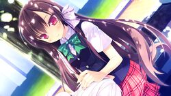  alcot black_hair blush bow game_cg long_hair loverec narumi_yuu red_eyes seifuku shirosawa_miyuki skirt tree 