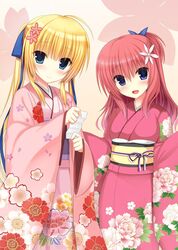  2girls blonde_hair commentary_request japanese_clothes kimono long_hair looking_at_viewer multiple_girls obi purple_eyes red_hair sakuragi_roofolet_ashe sash twintails utsunomiya_tsumire wagamama_high_spec watanuki_karen 