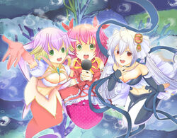  3girls bare_midriff bermuda_triangle blonde_hair breasts bubble bubbles cardfight!!_vanguard cleavage cleavage_cutout crown frills green_eyes hair large_breasts lolita_fashion long_hair mermaid mermaid_idol_elly mermaid_idol_sedna microphone miniskirt monster_girl multicolored multiple_girls pearl pink_hair puffy_sleeves purple_hair red_eyes ribbon short_hair skirt tubetop twintails velvet_voice_raindear white_hair 