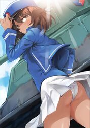  andou_(girls_und_panzer) ass bc_freedom_(emblem) bc_freedom_military_uniform blue_hat blue_jacket blue_shirt blue_sky blush brown_eyes brown_hair closed_mouth clothes_lift cloud cloudy_sky commentary_request cowboy_shot dark-skinned_female dark_skin day doushimasho dutch_angle emblem female girls_und_panzer hair_between_eyes hand_on_headwear hat highres jacket light_rays long_sleeves looking_back military military_vehicle motor_vehicle open_clothes open_jacket outdoors panties pantyshot peaked_cap pleated_skirt s35 shirt skirt skirt_lift sky solo standing tank underwear white_panties white_skirt wind wind_lift 