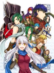  4girls 6+boys :d anniversary armor bare_shoulders black_armor black_gloves black_hair black_knight_(fire_emblem) blonde_hair blue_eyes blue_hair blue_scarf brown_eyes brown_hair cape commentary_request dagger dress edward_(fire_emblem) elbow_gloves elincia_ridell_crimea facial_mark fingerless_gloves fire_emblem fire_emblem:_radiant_dawn full_armor geoffrey_(fire_emblem) gloves green_hair hair_over_one_eye hair_ribbon half_updo headband helmet highres horse jewelry knife leonardo_(fire_emblem) long_hair lucia_(fire_emblem) micaiah_(fire_emblem) multiple_boys multiple_girls nolan_(fire_emblem) open_mouth pointy_ears purple_hair red_eyes ribbon robe sanaki_kirsch_altina scarf sleeveless sleeveless_dress smile soren_(fire_emblem) sothe_(fire_emblem) tibarn_(fire_emblem) weapon white_hair wings yellow_eyes yoshino_wataru 