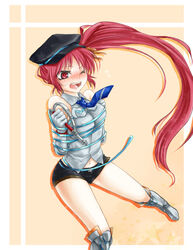  blush bondage bondage boots bound cardfight!!_vanguard high_dog_breeder_akane knee_boots long_hair necktie red_hair royal_paladin short_shorts shorts side_ponytail sleeveless 