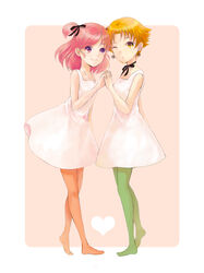  2girls brown_eyes brown_hair choker commentary_request dress earrings full_body green_pantyhose holding_hands interlocked_fingers jewelry mamii multiple_girls natsuki_rin one_eye_closed one_side_up orange_pantyhose pantyhose photoshop_(medium) pink_hair precure purple_eyes short_hair short_twintails simple_background twintails very_short_hair yes!_precure_5 yumehara_nozomi 