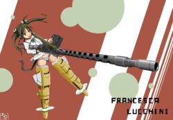  ajapar browning_m1919 character_name commentary_request drum_magazine female francesca_lucchini green_eyes green_hair groin gun highres machine_gun magazine_(weapon) open_mouth panties solo strike_witches striker_unit striped_clothes striped_panties underwear weapon world_witches_series 