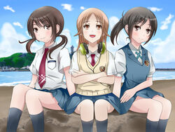  3girls :d bad_id bad_pixiv_id beach black_hair brown_hair cloud day enoshima girl_sandwich headphones in-universe_location legs long_hair looking_at_viewer miro_(katsushikashibamata) miyamoto_konatsu multiple_girls necktie ocean okita_sawa open_mouth orange_eyes outdoors sakai_wakana sandwiched school_uniform short_hair sitting sky smile tari_tari water 