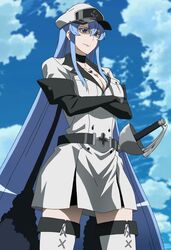  akame_ga_kill! blue_eyes blue_hair breasts esdeath esdese female hat highres large_breasts long_hair smile solo standing stitched sword tattoo uniform weapon 