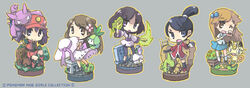  5girls ace_trainer_(pokemon) annotated black_hair brown_hair chibi commentary_request copyright_name dress faux_figurine gligar great_ball hat holding holding_clothes holding_hat holding_poke_ball lady_(pokemon) larvitar lass_(pokemon) litwick meowth multiple_girls petilil poke_ball pokemon pokemon_(creature) pokemon_bw pokemon_dppt pokemon_frlg pokemon_hgss pokemon_ranger_(pokemon) psychic_(pokemon) purple_hair ueshita unworn_hat unworn_headwear 