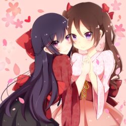  2girls black_hair bloodcatblack bow braid brown_hair cheek-to-cheek commentary_request hair_ornament hairbow hairclip heads_together holding_hands interlocked_fingers long_hair multiple_girls original petals purple_eyes smile twintails yuri 