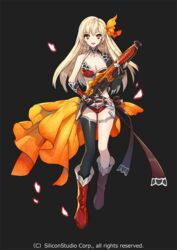  asymmetrical_legwear blonde_hair boots breasts commentary_request earrings female fingerless_gloves full_body gloves gyakushuu_no_fantasica jewelry large_breasts long_hair looking_at_viewer mami_(apsaras) mismatched_legwear official_art open_mouth orange_eyes simple_background solo thighhighs 