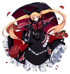  bad_id bad_pixiv_id black_umbrella blazblue blonde_hair bow dress female flower frills gii hair_ribbon jerun lolita_fashion long_hair nago petals rachel_alucard red_bow red_eyes ribbon rose solo twintails umbrella very_long_hair 