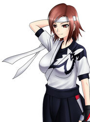  arm_behind_head black_skirt breasts brown_eyes brown_hair commentary_request cowboy_shot do_konjouuo female fingerless_gloves gloves graphite_(medium) headband kazama_asuka large_breasts looking_afar short_hair simple_background skirt smile solo standing tekken traditional_media white_background 