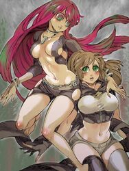  2girls barefoot breasts chains cleavage commentary_request crop_top jpeg_artifacts large_breasts legs mankintan midriff mithra_(psyren) multiple_girls navel psyren shirt skindentation taut_clothes taut_shirt tenjuin_marie thighhighs thighs 