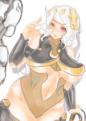  bare_shoulders blush bracer breasts curvy erect_nipples female female hair_ornament highleg huge_breasts leotard long_hair maboroshi_kirin mound_of_venus navel plump red_eyes rhino_(warframe) simple_background solo standing thick_thighs thighs underboob warframe white_hair wide_hips 