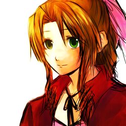  aerith_gainsborough bad_id bad_pixiv_id bow brown_hair choker cropped_jacket drill_hair female final_fantasy final_fantasy_vii green_eyes hair_ribbon long_hair lowres pink_bow ponytail ribbon sasaki_ryou side_drill simple_background solo tri_drills 