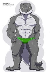  2017 abs amber_eyes anthro biceps big_muscles bulge claws clothed clothing crocodile crocodilian crocodylid digital_media_(artwork) fangs kelvin_kombinat kemono looking_at_viewer male muscular muscular_anthro muscular_male navel nipples pecs reptile scalie signature simple_background solo standing swimwear teeth topless 