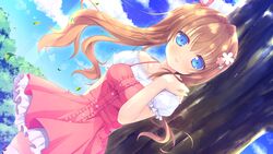  alcot blue_eyes brown_hair dress game_cg long_hair loverec narumi_yuu ponytail thighhighs tree yashinaga_chiho 