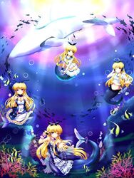  4girls bermuda_triangle bermuda_triangle_cadet_riviere blonde_hair blue_eyes bubble bubbles cardfight!!_vanguard coral dress fins fish frilled_dress frills frilly_dress lolita_fashion long_hair mermaid mermaid_idol_riviere monster_girl multiple_girls ocean ribbon school_uniform super_idol_riviere top_idol_riviere whale 