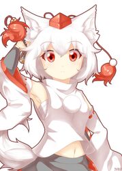  :&lt; animal_ears armpits bare_shoulders blush breasts commentary_request detached_sleeves female hat highres inubashiri_momiji looking_at_viewer midriff navel open_mouth pom_pom_(clothes) psychopath_idiot red_eyes sarashi short_hair simple_background small_breasts solo sword sword_behind_back tail tokin_hat touhou weapon white_background white_hair wolf_ears wolf_tail 