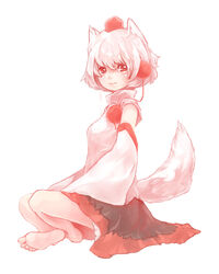  animal_ears barefoot commentary_request female full_body hat highres indian_style inubashiri_momiji ma_nyan_(nyao_mao_nyao) red_eyes short_hair simple_background sitting skirt smile solo tail tokin_hat touhou white_background white_hair wolf_ears wolf_tail 