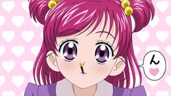  eyelashes female food hair_bobbles hair_ornament heart heart_background l&#039;ecole_des_cinq_lumieres_school_uniform mouth_hold natsuhina pink_hair pocky precure purple_eyes school_uniform solo spoken_heart two_side_up yes!_precure_5 yumehara_nozomi 