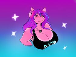  2016 4:3 anthro big_breasts breasts canid canine cleavage clothed clothing dog_tags ear_piercing female fur gradient_background hair half-closed_eyes hi_res huge_breasts long_hair mammal mrsakai narrowed_eyes piercing pink_body pink_fur portrait purple_eyes purple_hair ryten simple_background smile solo tight_clothing 