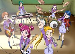  6+girls akimoto_komachi band bass_guitar blonde_hair blue_eyes blue_hair bow_(music) brown_hair classroom drum drum_set drumsticks electric_guitar eyelashes fender_musical_instruments_corporation fender_stratocaster green_eyes green_hair guitar instrument kasugano_urara_(yes!_precure_5) keyboard_(instrument) l&#039;ecole_des_cinq_lumieres_school_uniform microphone mimino_kurumi minazuki_karen multiple_girls music natsuhina natsuki_rin open_mouth orange_eyes pink_hair playing_instrument precure purple_eyes purple_hair purple_skirt school_uniform skirt smile stradivarius synthesizer two_side_up violin yamaha yellow_eyes yes!_precure_5 yes!_precure_5_gogo! yumehara_nozomi 