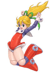  android blonde_hair bow d2s1 dress eyebrows female green_bow green_eyes green_ribbons hairbow long_hair no_humans open_mouth panties ponytail ribbon robot rockman rockman_(classic) roll simple_background solo tied_hair underwear white_background white_panties 