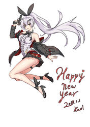  armpits ass bare_shoulders black_footwear black_jacket black_ribbon black_skirt blouse breasts brown_eyes buttons commentary dated earrings female five-seven_(girls&#039;_frontline) fn_five-seven full_body girls&#039;_frontline grey_hair gun hair_ornament hair_ribbon handgun happy_new_year high_heels holding holding_gun holding_weapon huaji jacket jewelry kael_kuro large_breasts long_hair new_year off_shoulder open_mouth photoshop_(medium) pleated_skirt ponytail ribbon shirt sidelocks signature skirt smile solo thigh_strap trigger_discipline weapon white_background white_shirt zipper 