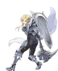  armor armored_boots ass awakening_(sennen_sensou_aigis) blonde_hair blue_eyes boots cape female full_body gauntlets hair_ornament hammer holding holding_weapon long_hair looking_at_viewer looking_back matilda_(sennen_sensou_aigis) official_art open_mouth pelvic_curtain sennen_sensou_aigis shield shoulder_armor skin_tight smile solo transparent_background weapon yuugiri_(u-slash) 