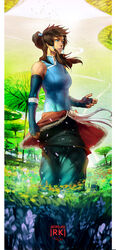  armlet avatar_legends bare_shoulders blue_eyes brown_hair commentary dark_skin english_commentary female hair_tubes highres korra long_hair md5_mismatch ponytail the_art_mage the_legend_of_korra topknot vambraces 