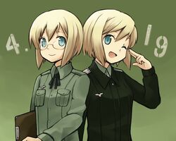  2girls :d blonde_hair blue_eyes commentary_request erica_hartmann glasses kinosaki_(green_patio) military military_uniform multiple_girls one_eye_closed open_mouth salute short_hair siblings simple_background sisters smile strike_witches strike_witches:_suomus_misfits_squadron two-finger_salute uniform upper_body ursula_hartmann world_witches_series 