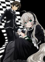  1boy april_fools bad_id bad_pixiv_id blue_eyes book brown_hair chin_strap cosplay female formal gosick gothic_lolita green_eyes grey_hair haiyore!_nyaruko-san harugamitsu kujou_kazuya kujou_kazuya_(cosplay) lolita_fashion long_hair nyarlathotep_(nyaruko-san) short_hair sitting smoking_pipe suit victorica_de_blois victorica_de_blois_(cosplay) yasaka_mahiro 