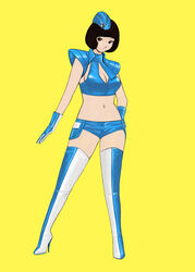  black_hair blue_shorts blunt_bangs boots breasts brown_eyes cleavage cleavage_cutout clothing_cutout commentary_request crop_top female full_body garrison_cap gloves hand_on_own_hip hat high_heel_boots high_heels highres komii large_breasts looking_at_viewer midriff navel original shoes short_hair short_shorts shorts simple_background smile solo thigh_boots thighhighs 