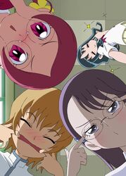  4girls =_= circle_formation closed_eyes derivative_work from_below glasses hanasaki_tsubomi hands_on_own_face heartcatch_precure! kurumi_erika looking_down lucky_star making_faces mouth_pull multiple_girls myoudou_gakuen_middle_school_uniform myoudouin_itsuki natsuhina parody pov precure school_uniform tsukikage_yuri 